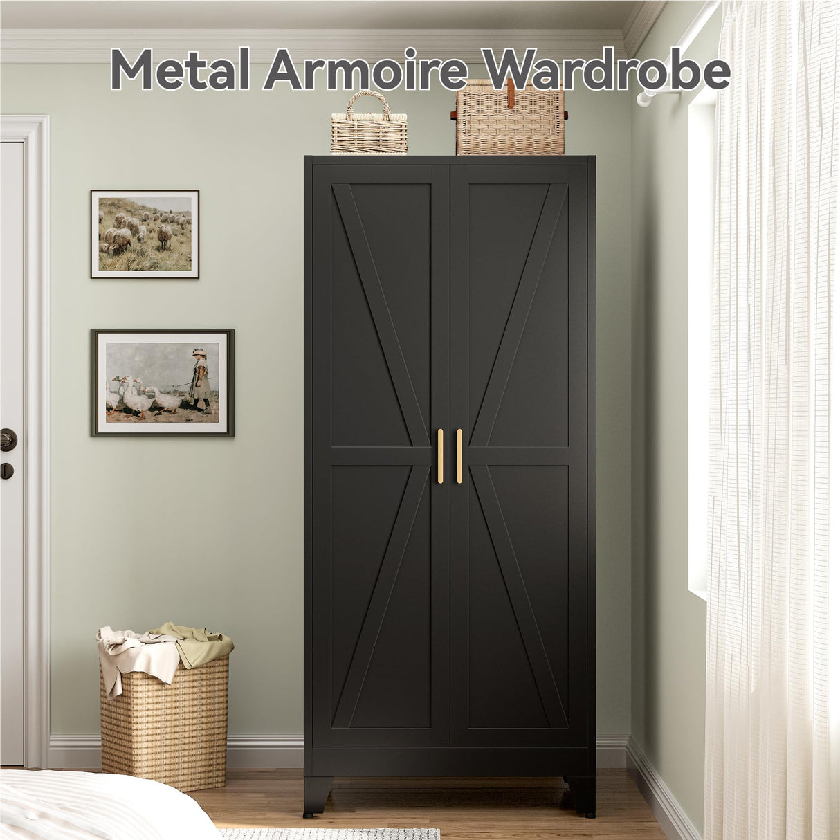 Metal Combination Cabinet, Black Wardrobe Closet Cabinets with Doors and Shelves, 71" Farmhouse Bedroom Armoire Closet with Hanging Rod and Clothing Shelf, White Steel Wardrobe Cabinet for Bedroom Bevivog