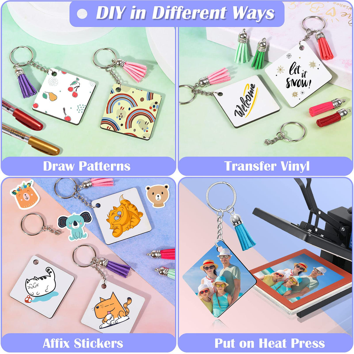 Modacraft Sublimation Keychain Blanks, 80Pcs Sublimation Keychain Making Kit with Square Heat Transfer Blanks, Tassels, Keychain Rings, Jump Rings for Keychain Project Thanksgiving Christmas Gift Modacraft