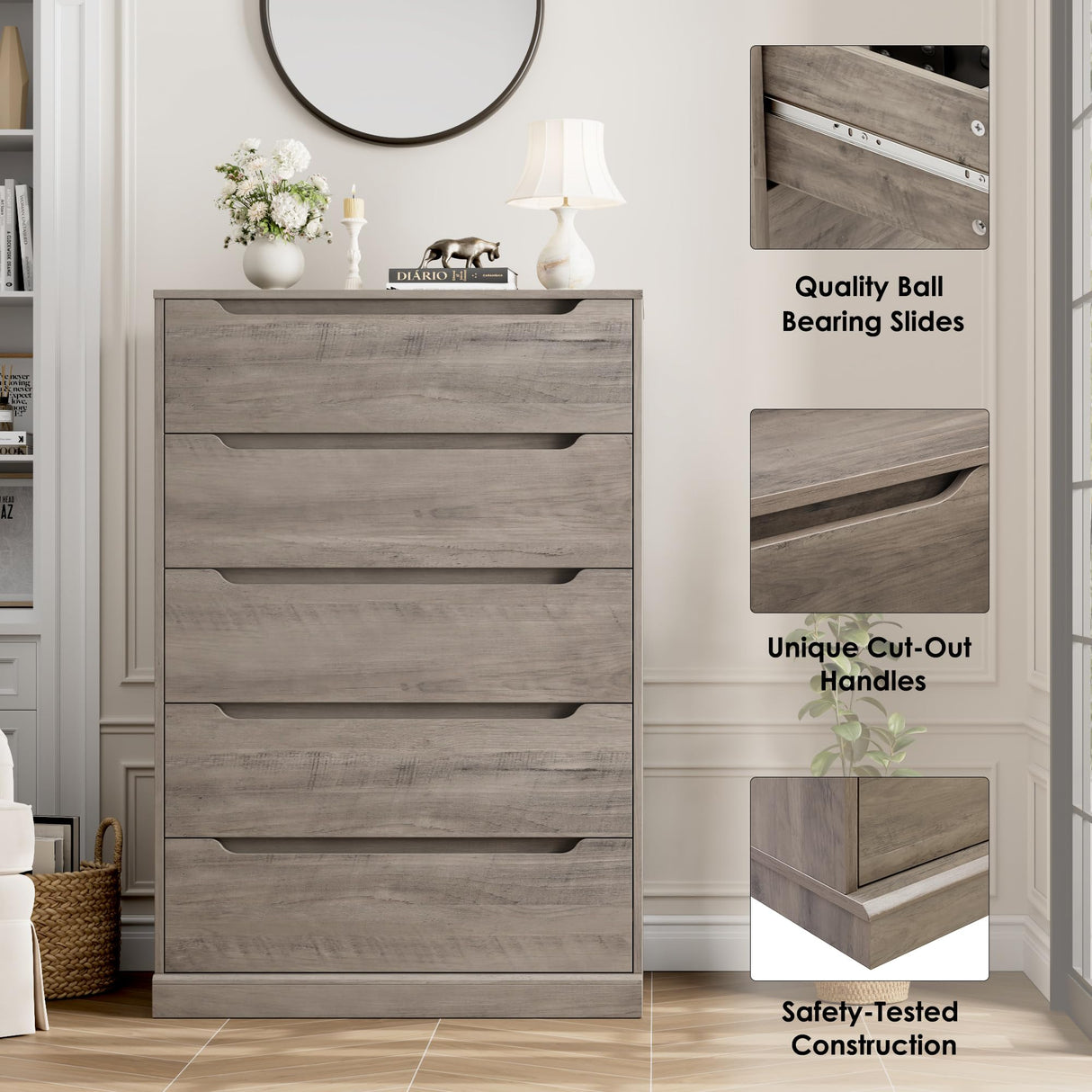 HOSTACK 43.3" Tall Modern 5 Drawer Dresser for Bedroom, Large Chest of Drawers with Storage, Wood Clothes Storage Organizer with Cut-Out Handle, Accent Storage Cabinet for Living Room, Ash Gray HOSTACK