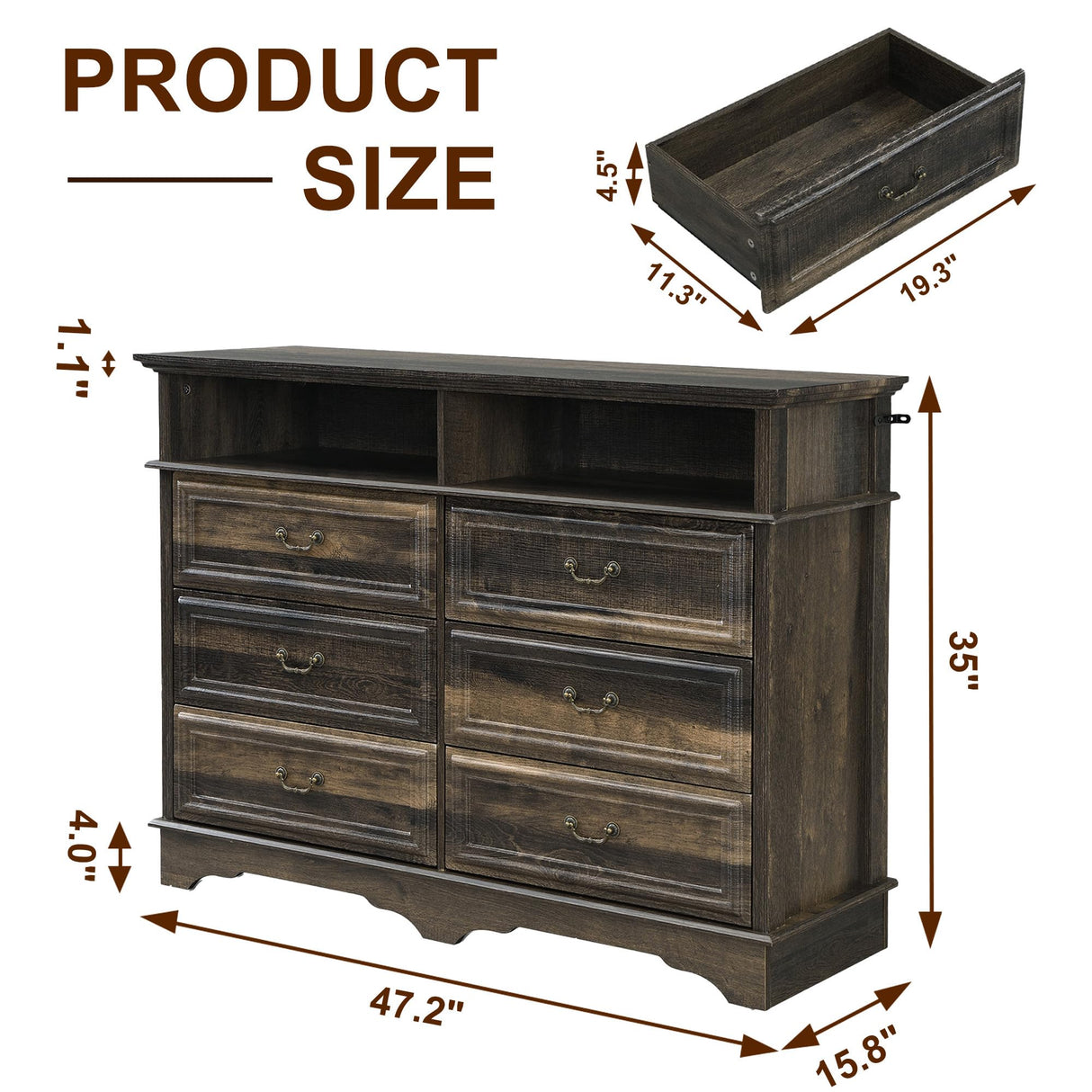 Yechen Farmhouse 6 Drawers Double Dresser, 47'' Wide Dresser Chest of Drawers with 2 Open Shelves, Dresser TV Stand, Rustic Wood Storage Dresser Organizer for Bedroom, Hallway, Entryway, Living Room Yechen