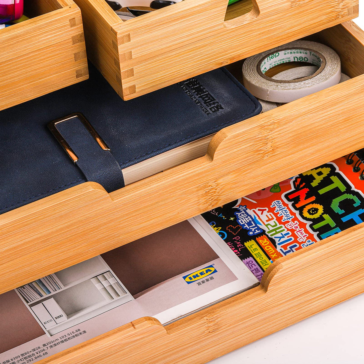 DEAYOU Bamboo Desk Organizer, Bamboo Storage Cabinet Box with 4 Drawers for Letter, Home Office Supplies, 3-Layer DEAYOU