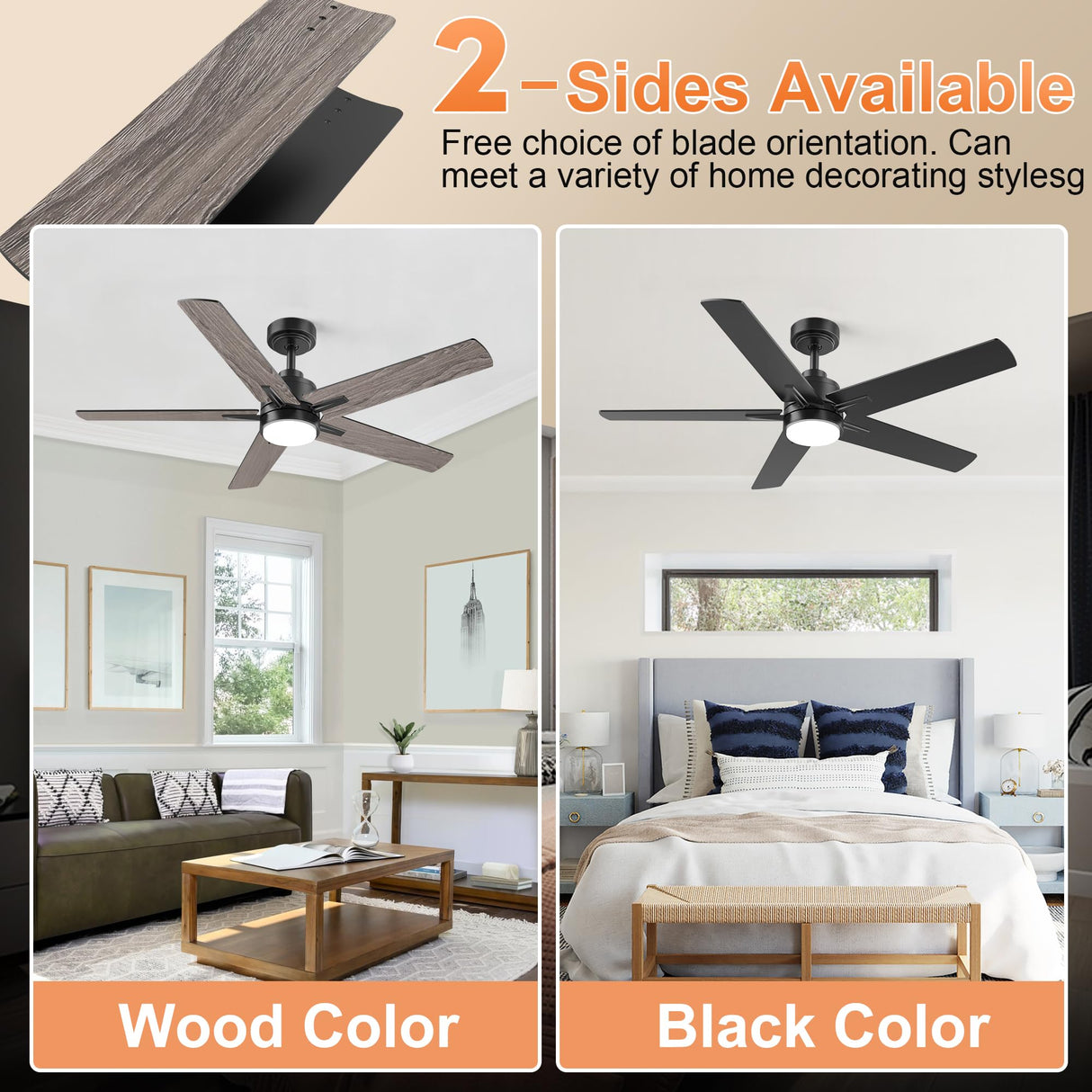 YUHAO 48 Inch Black Ceiling Fan with Light and Remote Control.Noiseless,Dimmable, 3CCT,6 Speeds Reversible, Modern DC Ceiling Fans for Indoor Use YUHAO