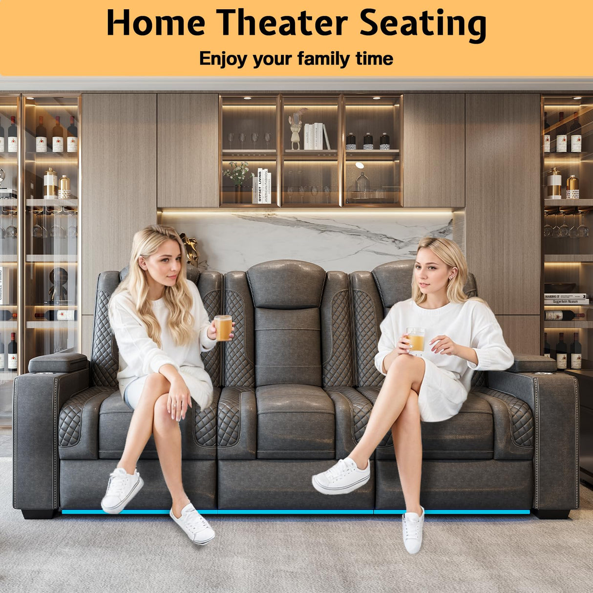 Jocisland Home Theater Seating, Movie Loveseat Recliner Chair with USB Wireless Charging, 3 Theatre Seats Couch Sofa for Media Room w/Electric Headrest, LED Light, Fold Down Table Jocisland