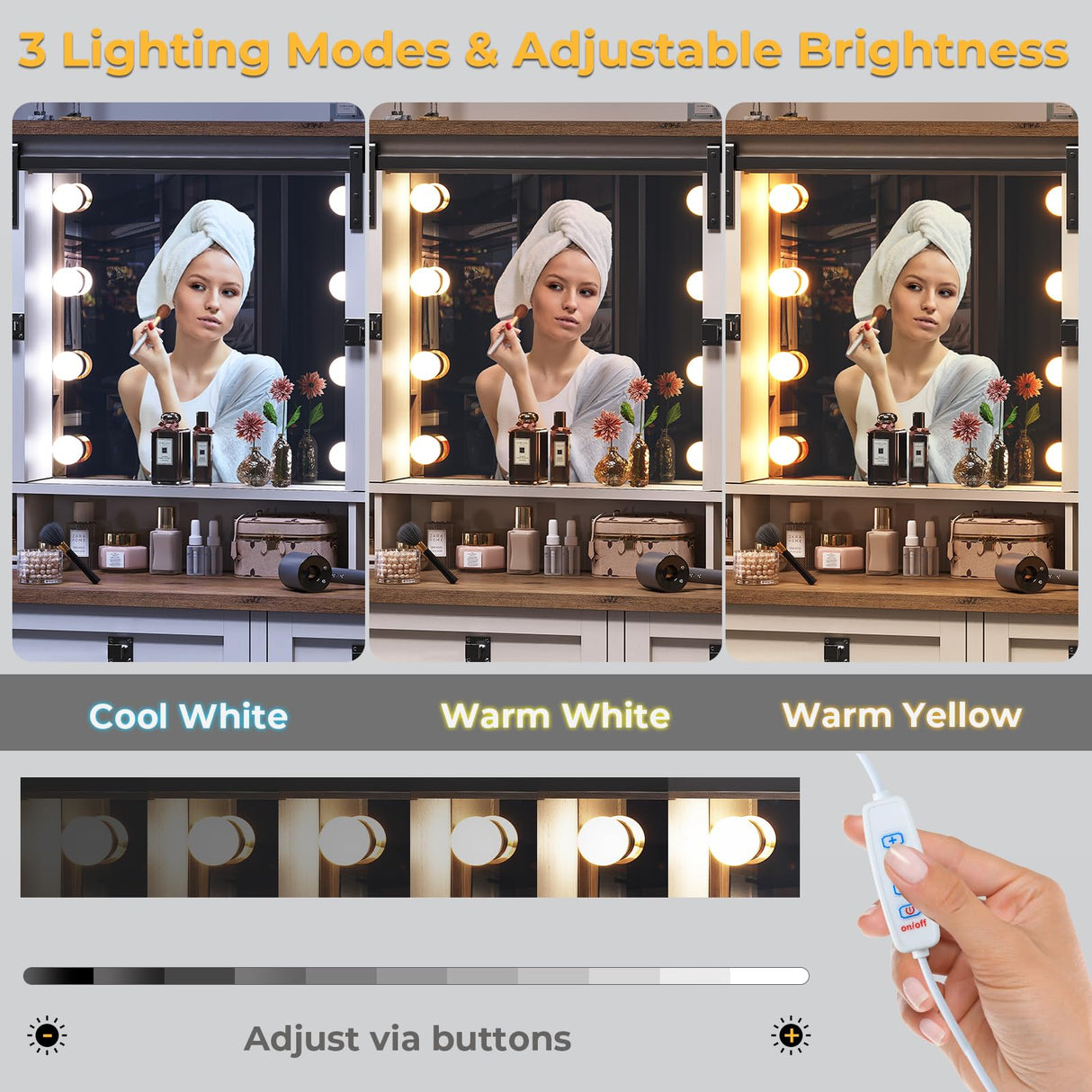 Farmhouse Vanity Desk with Mirror and Lights, 41" Sliding Door Makeup Vanity with Charging Station, Large Vanity Table with Drawers/Shelves/Cabinet Storage, Antique White MSmask