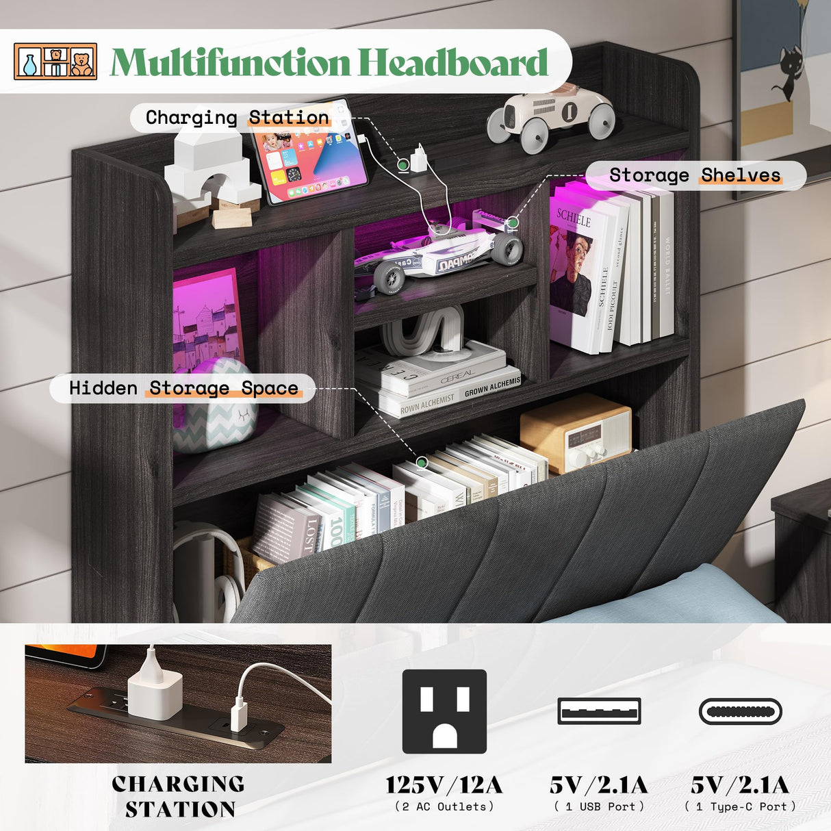 AMERLIFE Twin Bed Frame with 51.2" Tall Bookcase Headboard, Farmhouse Platform Bed with 4 Storage Drawers, Linen Upholstered, Charging Station & Storage, Rustic Black AMERLIFE