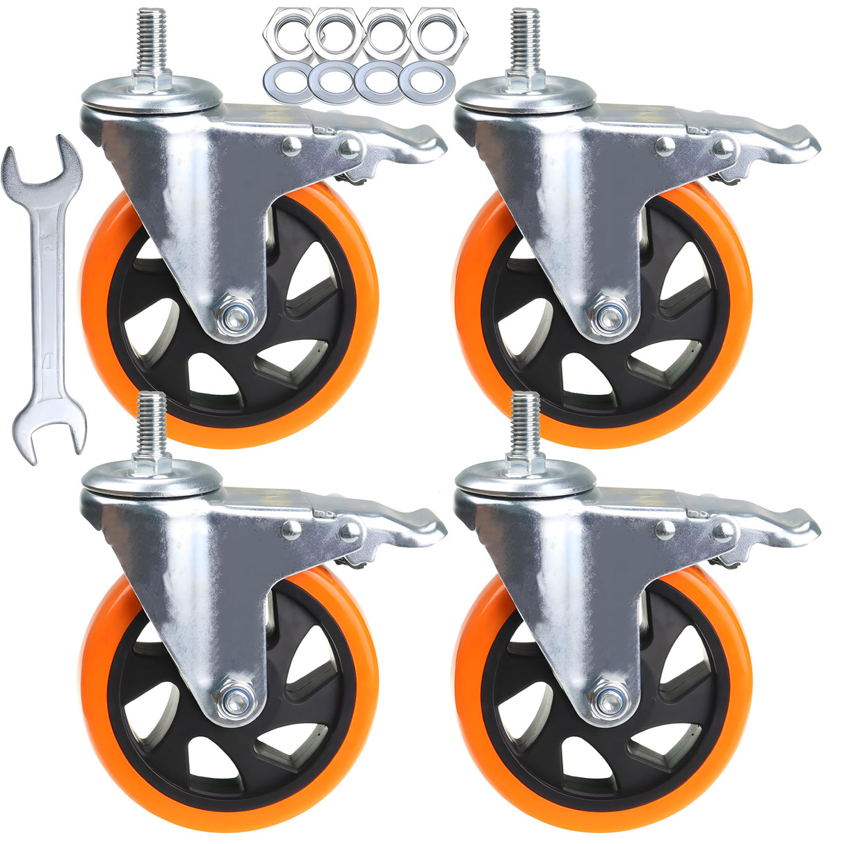 Stem Casters Heavy Duty Swivel Threaded Stem Caster Wheels with American Size 1/2''-13x1'' Thread Dual Locking Wheel with Brakes Pack of 4 (5 inch, with Brake) AOCHENLY