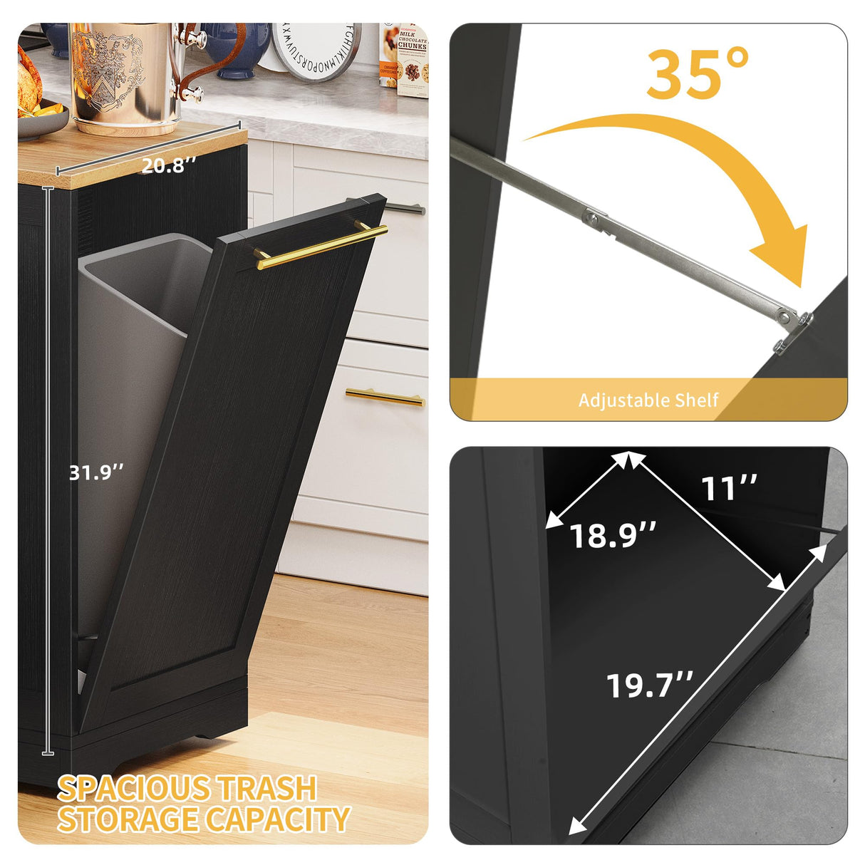 DWVO Large Kitchen Island with Trash Can Storage Cabinet, 53 Inch Portable Kitchen Island with Storage, Long Rolling Island Table Cabinet for Kitchen on Wheels for 13 Gallon Garbage Bin, Black DWVO