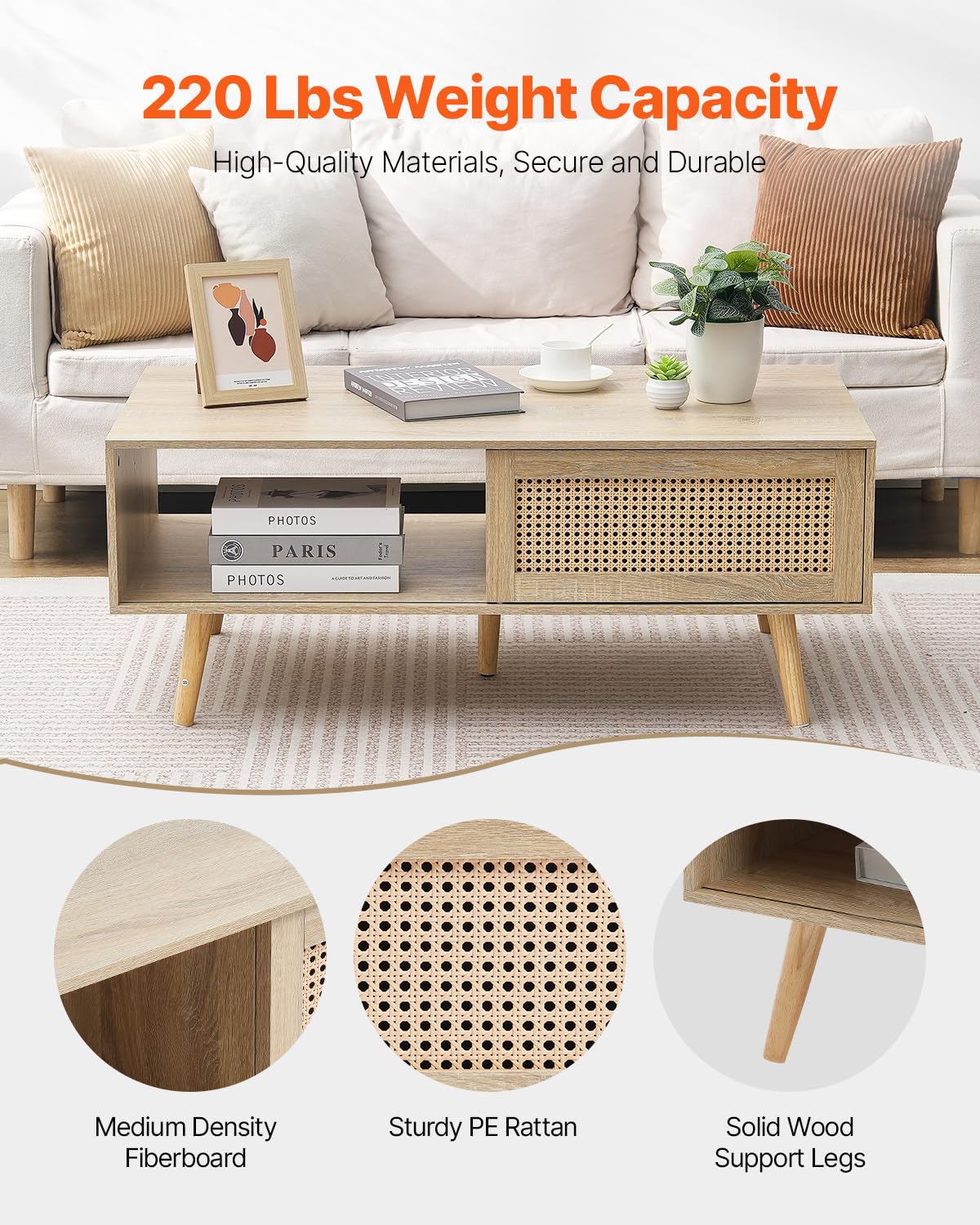 VEVOR Rattan Coffee Table, Mid Century Modern Coffee Table, Rectangle Wood Coffee Table, 42 Inch Modern Boho Style Two Layers Storage Coffee Table, for Living Room, Bedroom & Small Spaces VEVOR