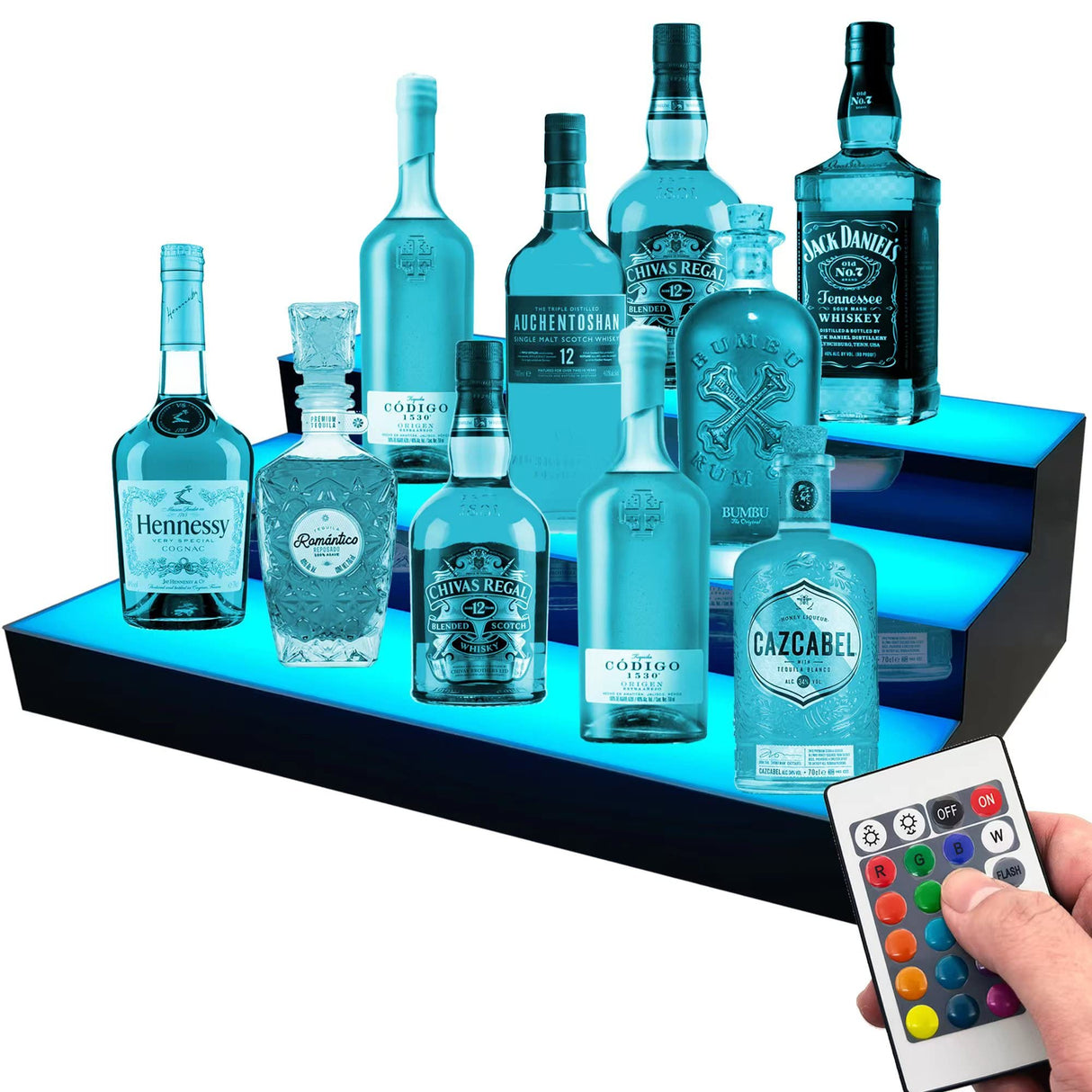 Royxen LED Lighted Liquor Bottle Shelf 3 Tier, 24 Inch Bar Shelf with Remote, Bottle Stand Multicolor Lighting Modes for Bars Royxen