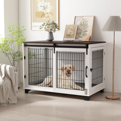 Piskyet Dog Crate Furniture Barn Door Dog Crate for Large Dogs Up to 80 lbs,Sliding Door Dog Crate Modern Decorative End Side Table Nightstand