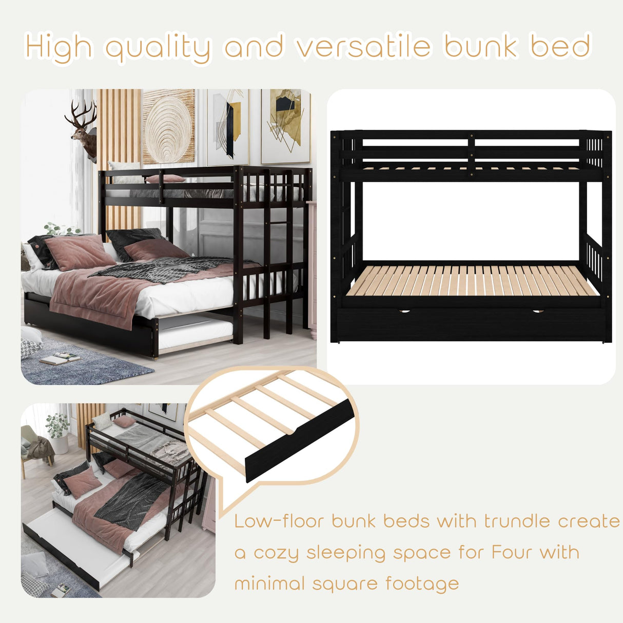 Twin Over Twin/King Bunk Beds with Trundle, Twin Over Pull-Out bunk Bed Accommodate 4 People for Kids, Adult, Extendable Bunk Beds with Ladder and Safety Rail,Espresso Bellemave