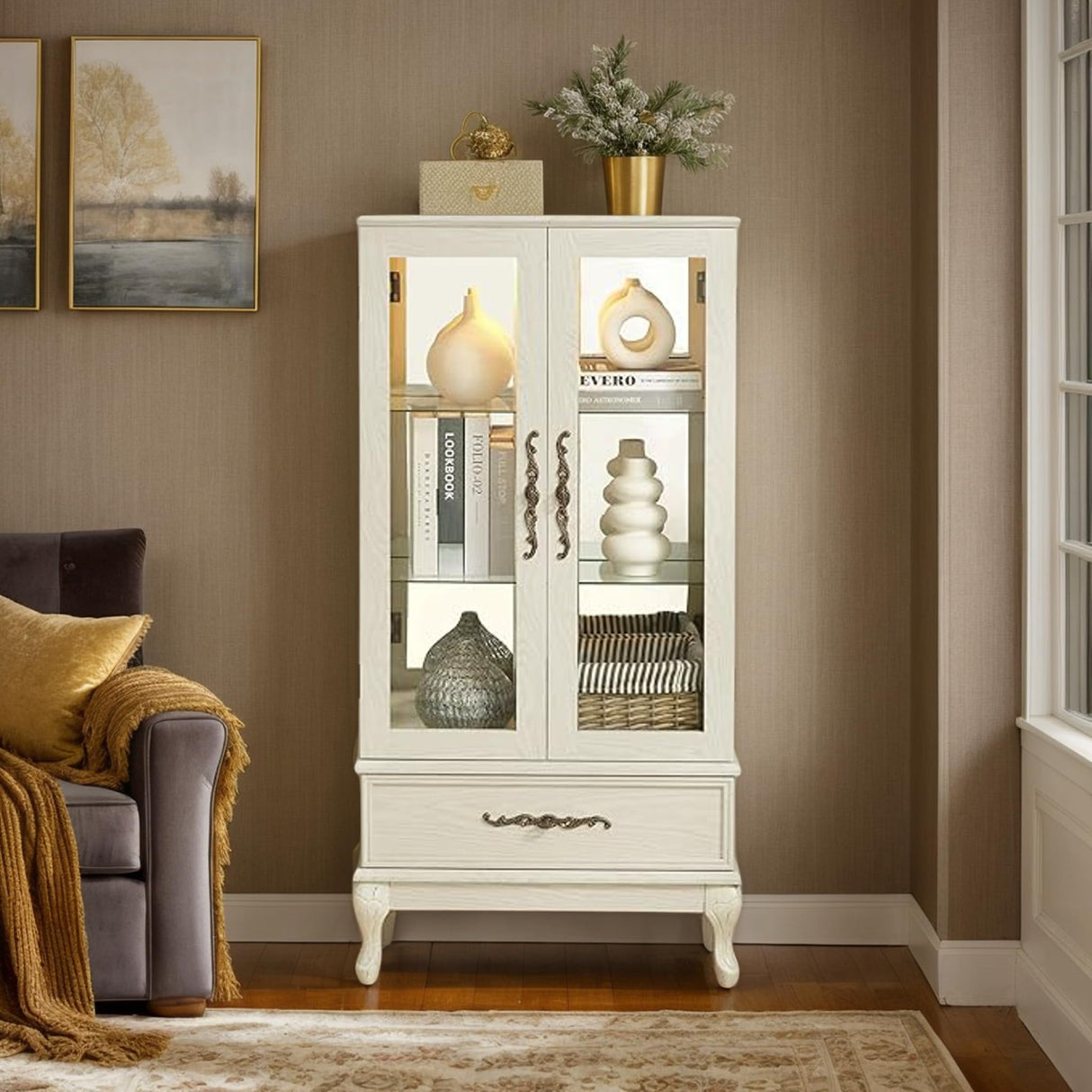 Eyisean Glass Display Cabinet, 52" H Curio Cabinet with Adjustable Shelves and Mirrored Back Panel, China Cabinet with Light Bulb inclued, Rack for Living Room Storage (White) Eyisean