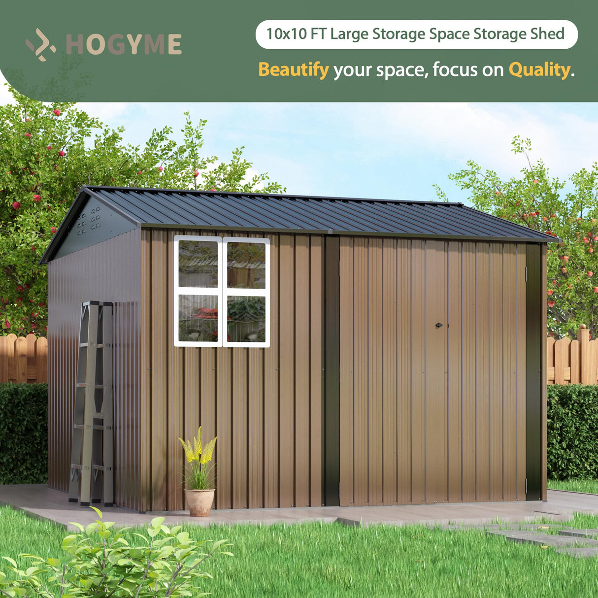 HOGYME 10x10 FT Outdoor Storage Shed, Large Metal Tool Sheds with Updated Frame Structure and Lockable Doors, Garden Shed for Backyard Garden Patio Lawn, Brown HOGYME