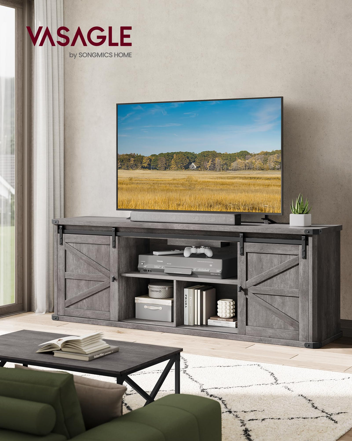 VASAGLE TV Stand for TVs up to 75 Inches, Farmhouse Entertainment Center with Sliding Barn Doors, TV Console Table for Living Room, Misty Gray ULTV325G68 VASAGLE