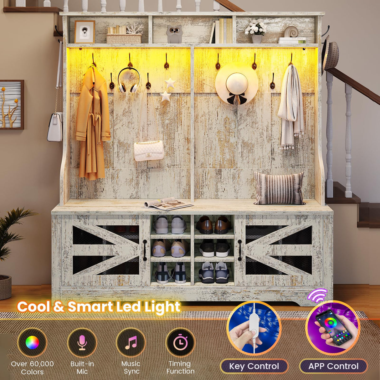 Itaar Hall Tree with Bench and Shoe Storage, 5-in-1 Entryway Bench with Coat Rack, 16 Shoe Cubbies & 12 Coat Hooks, Barn Door & Adjustable Shelf (Vintage White) Itaar