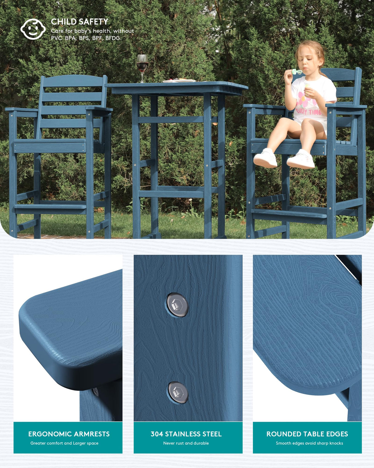 SERWALL Blue Adirondack Bar Chair and Table Set – 3-Piece Outdoor Stools for Patio and Backyard SERWALL