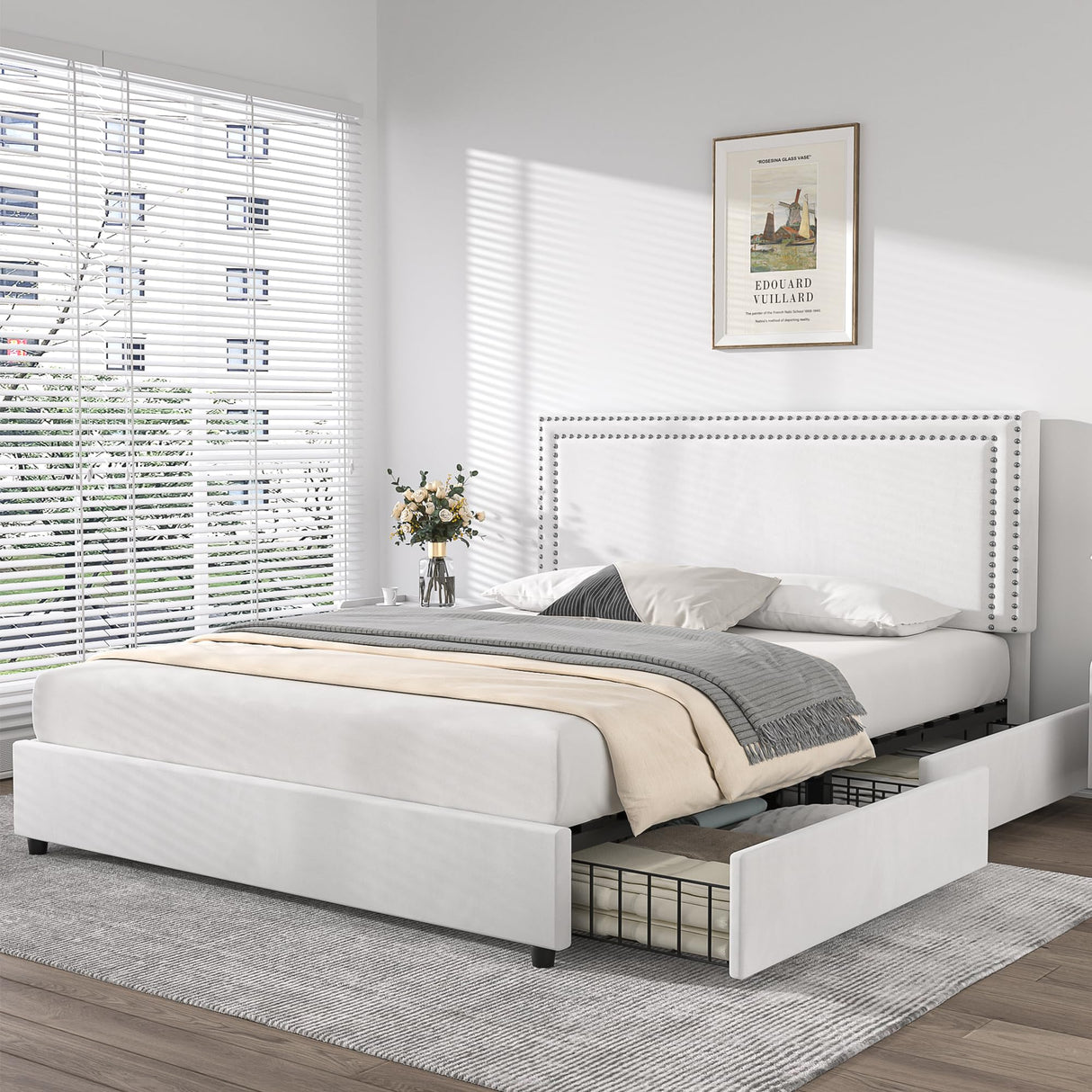 VECELO Full Size Upholstered Platform Bed Frame with 4 Storage Drawers, Adjustable Velvet Rivets Headboard, Wooden Slats Support, No Box Spring Needed, Easy Assembly VECELO