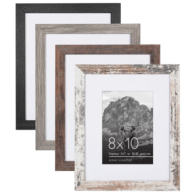 Americanflat Rustic 8x10 Picture Frame Set of 4 - Use as 5x7 Picture Frame with Mat or 8x10 Frame Without Mat - Photo Frame with Textured Engineered Wood, Shatter Resistant Glass, and Easel