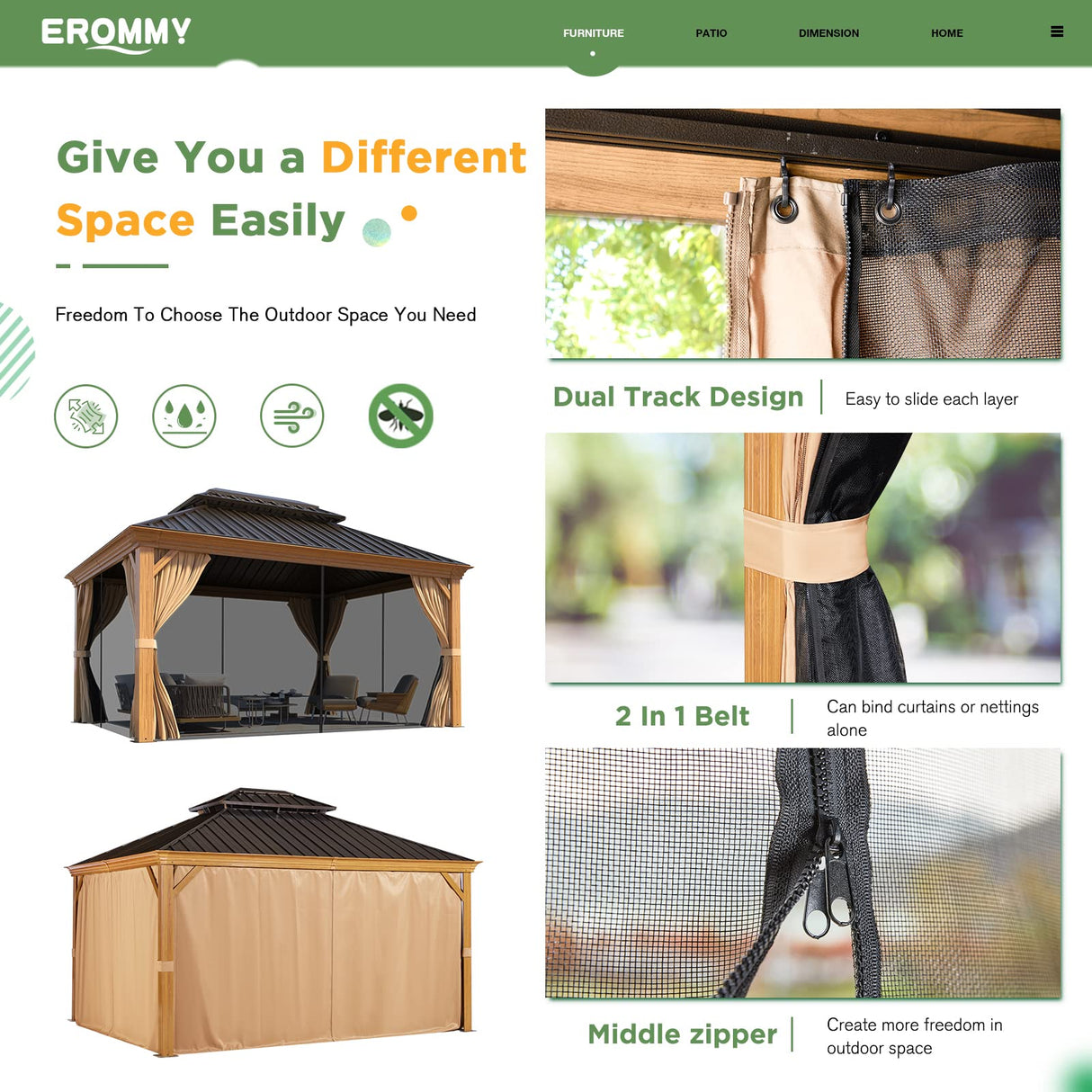 EROMMY 10' x 12' Gazebo, Wooden Finish Coated Aluminum Frame Canopy with Double Galvanized Steel Hardtop Roof, Outdoor Permanent Metal Pavilion with EROMMY