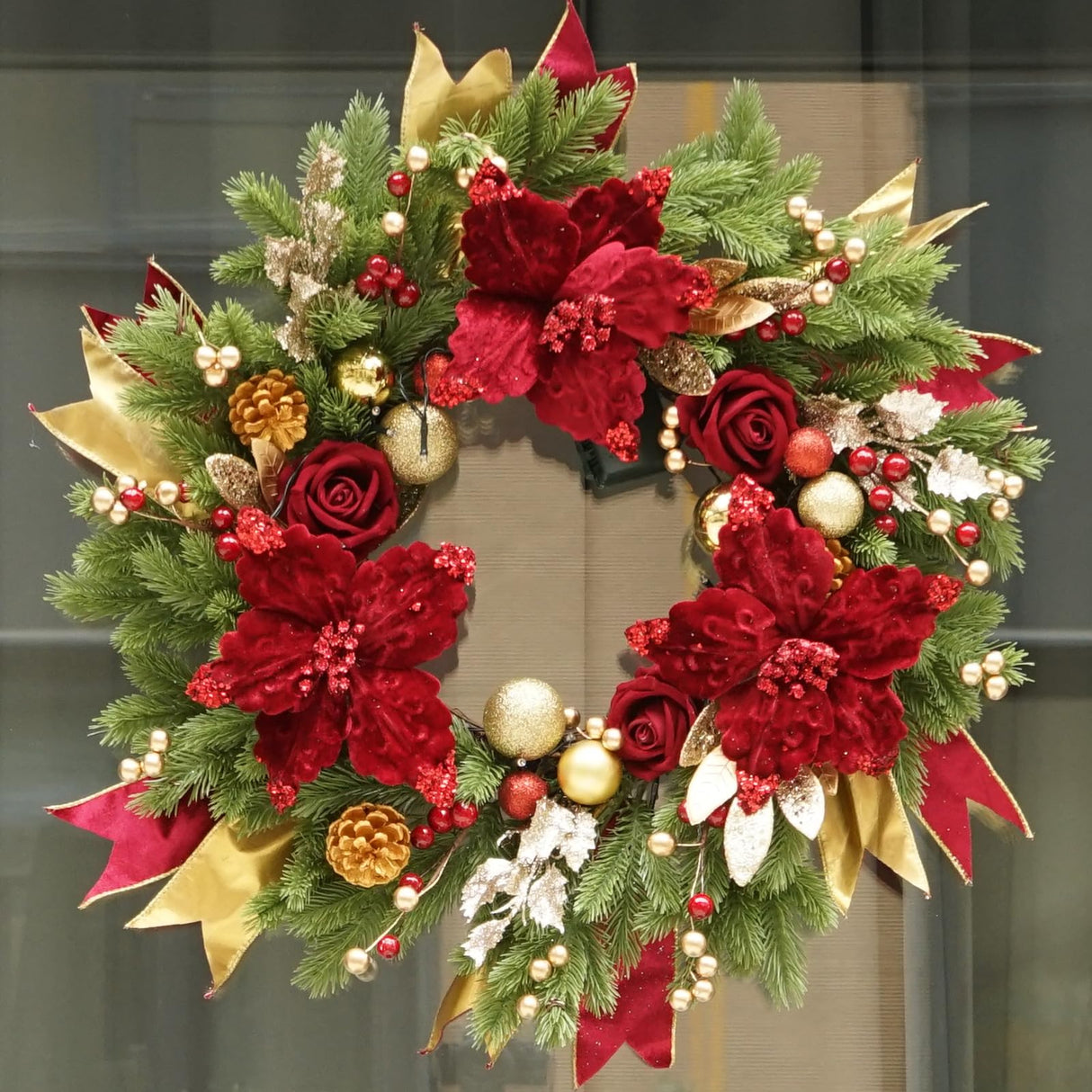 Christmas Wreaths for Front Door, Soomeir Outdoor Winter Wreaths, Large Welcome Wreath with Lights for Holiday Outside Indoors Office Mantle Window (Red Gold) Soomeir
