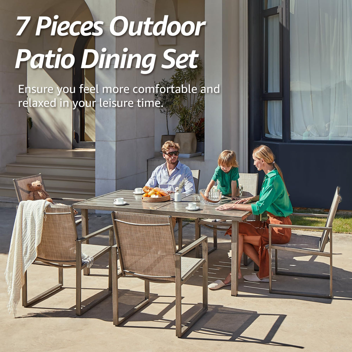NATURAL EXPRESSIONS 7 Pieces Patio Dining Set Outdoor Furniture,70’’ Dining Table and 6 Sling Chairs with 1.65'' Umbrella Hole for Backyard Garden Poolside Porch NATURAL EXPRESSIONS