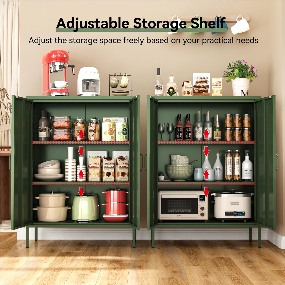 XIOMIOHTRQ Metal Locker Cabinet, Green Storage Cabinets with 2 Doors and Adjustable Shelves, 3 Tier Modern Storage Freestanding Sideboard for Living Room,School,Office Home Kitchen and Coffee Bar XIOMIOHTRQ