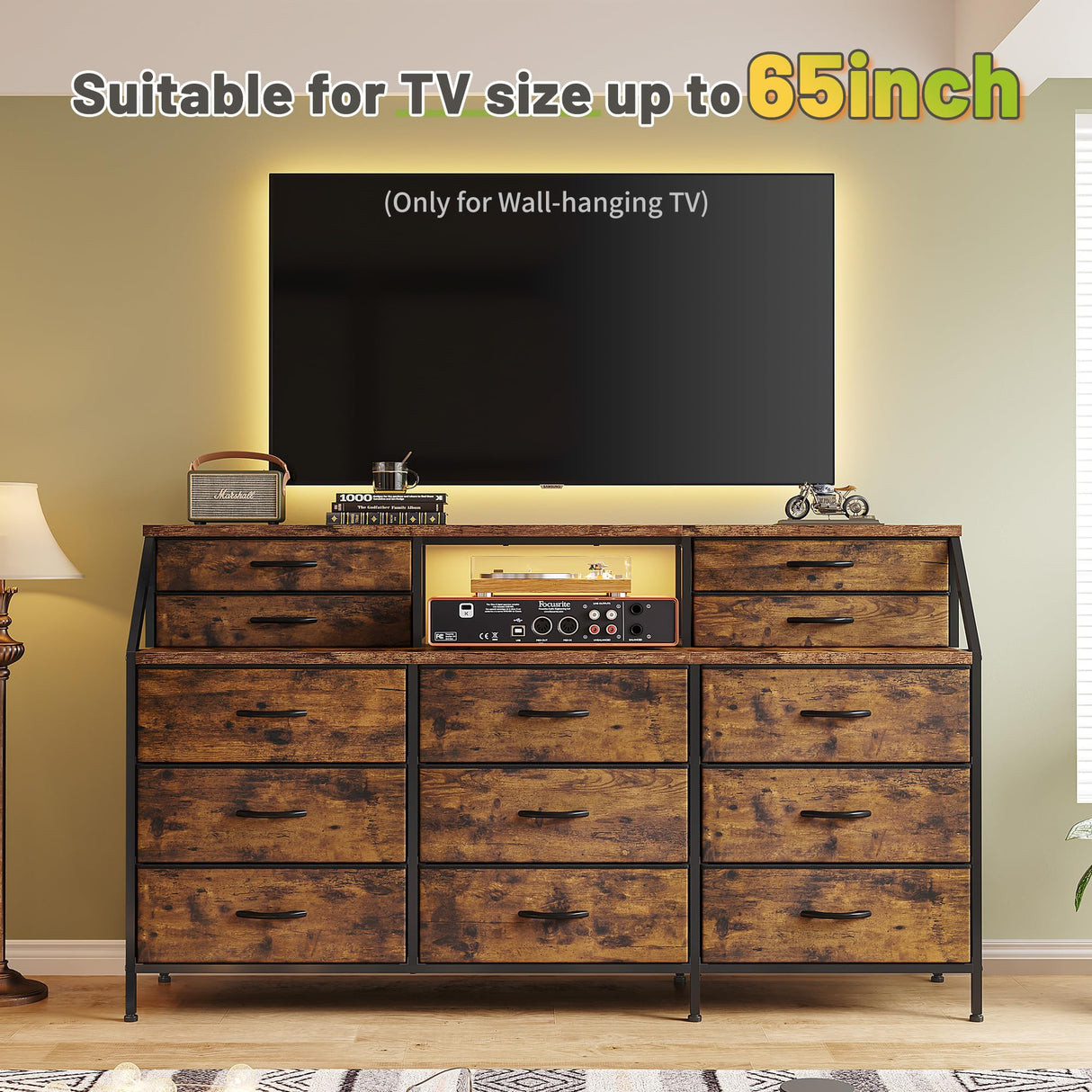 EnHomee 55”W Dresser for Bedroom, Dresser with 13 Large Drawer, Dressers & Chests of Drawers, Dressers with 2 Shelves, Bedroom Dresser, Long Dresser for Closet, Wooden Top Metal Frame Rustic Brown EnHomee