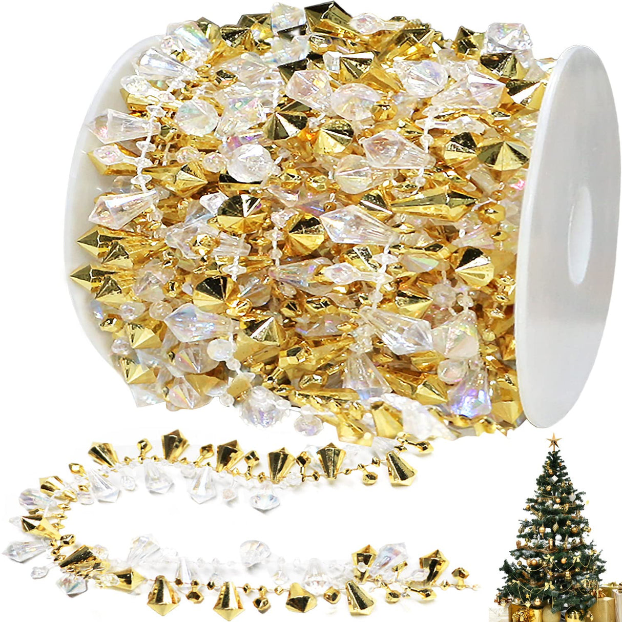 Jishi 16ft Christmas Garland Christmas Tree Gold Bead Decoration Clear Iridescent & Gold Bead Garland Twist Bead String for Christmas Tree Decorations, Rustic Crystal Garland Ornaments for Home Decor Jishi