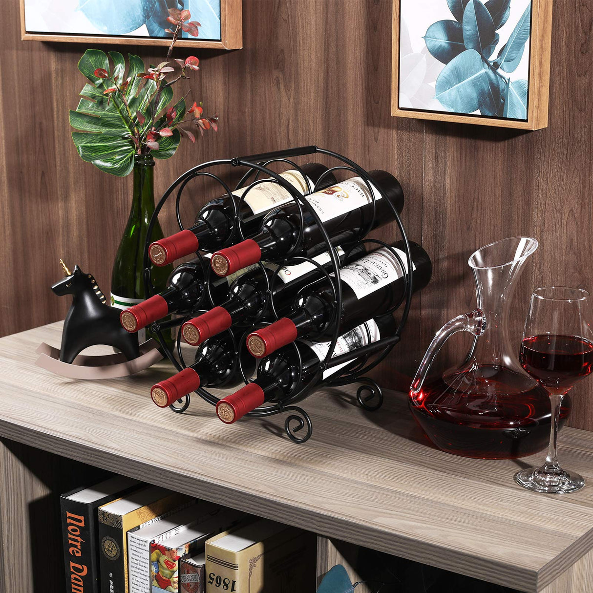 PAG 7 Bottles Freestanding Countertop Wine Rack, Metal Small Table Top Wine Rack, Drink Organizer Bottle Holder, Kitchen Organizers and Storage, Black PAG