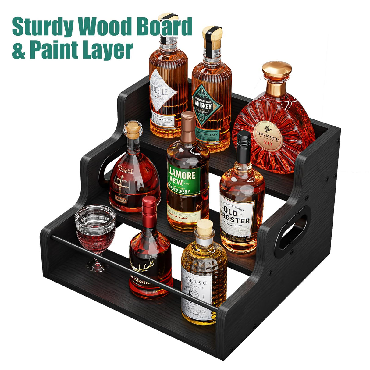 KLM Liquor Bottle Display Shelf, Coffee Syrup Rack Organizer, 3 Step Countertop Liquor Wine Rack, Mini bar,Liquor Cabinet, Home Retro Bar Shelf Stand for Liquor Whiskey, Spirits(Black) KLM