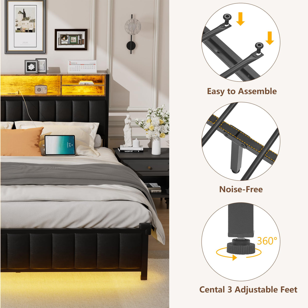 Alohappy Full Size Upholstered Bed Frame with Bookcase Headboard, LED Lighting & Charging Station Alohappy