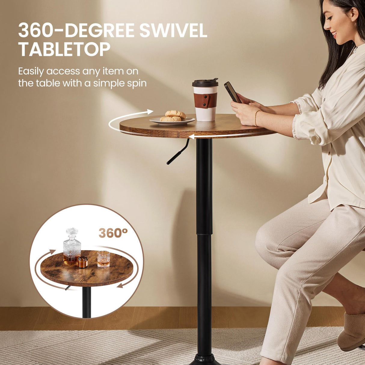 Yaheetech Round Pub Table Height Adjustable with 360 Swivel MDF Tabletop for Dining Bistro Cafe Home Bar, Rustic Brown Yaheetech