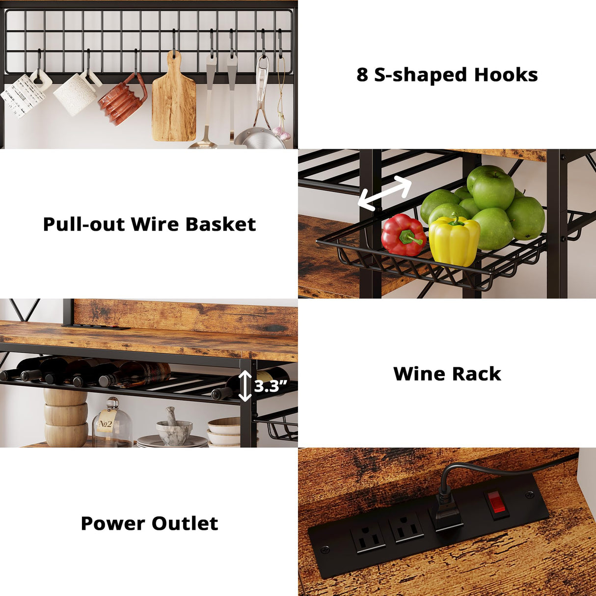 IRONCK Large Bakers Rack with Power Outlet, 62 Inch Wide Microwave Stand, Coffee Bar with Storage, Kitchen Racks and Shelves IRONCK