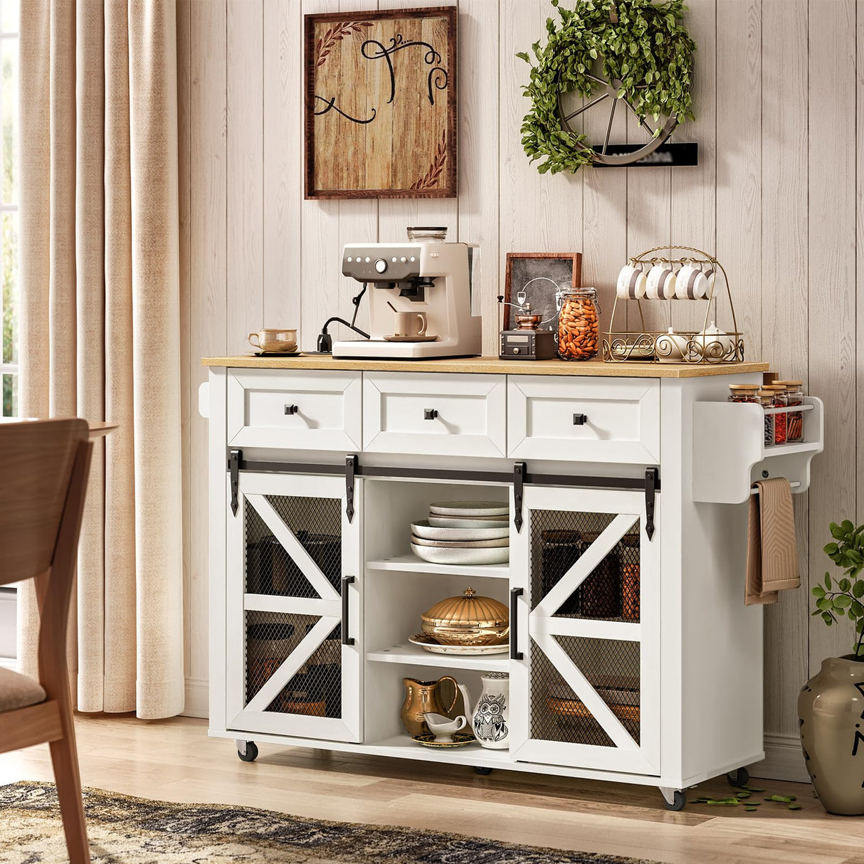 RALGEND Kitchen Island with Storage, Kitchen Cart with Charging Station, Rolling Kitchen Island Table with Drop-Leaf, 3 Drawers, Barn Doors, Towel Rack and Spice Rack, White and Natural RALGEND