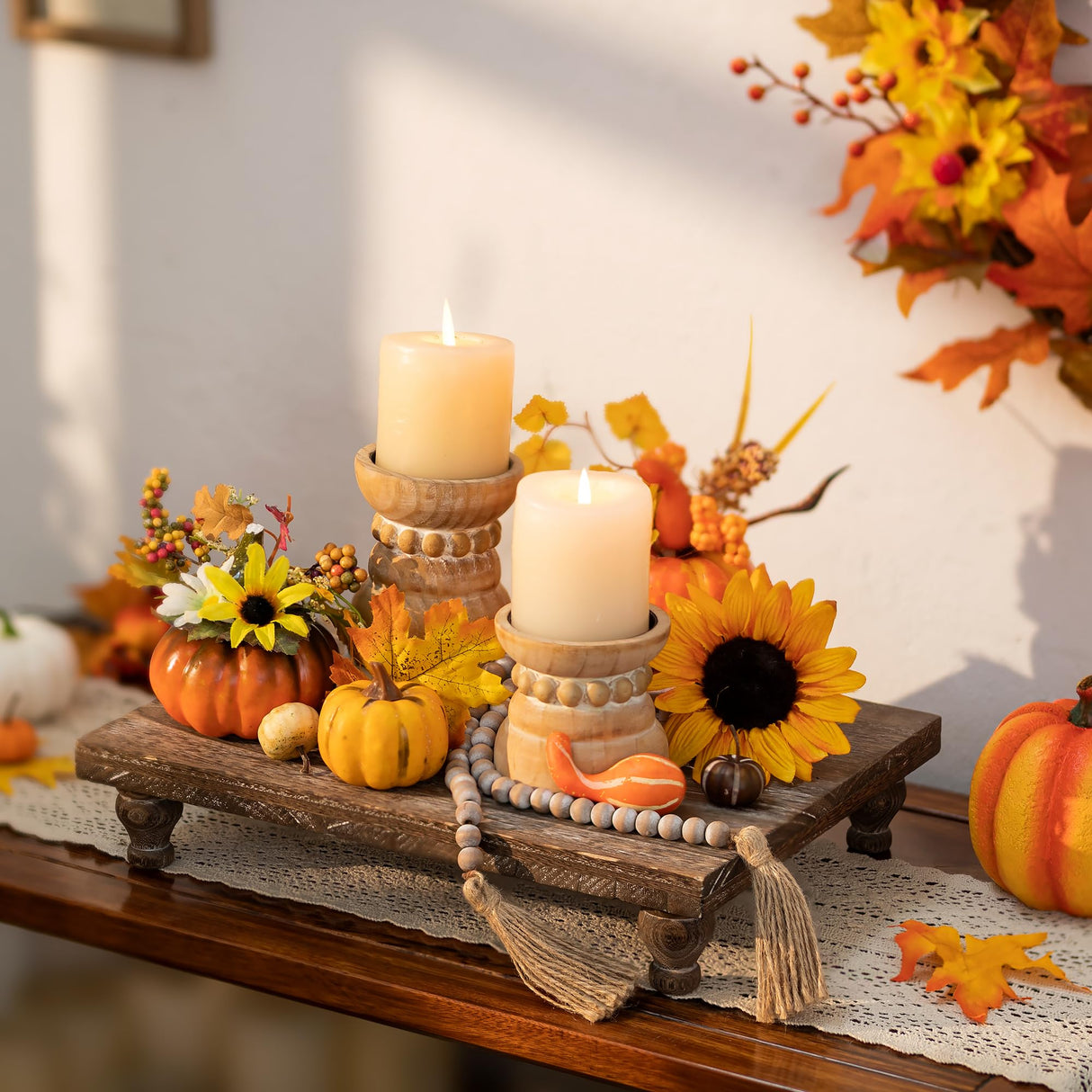 Hanobe Wooden Riser Decorative Tray: Farmhouse Wood Pedestal Display Stand Rustic Brown Tray Riser Centerpiece for Coffee Bar Kitchen Dining Room Home Table Decor, Short & Tall Footed Hanobe