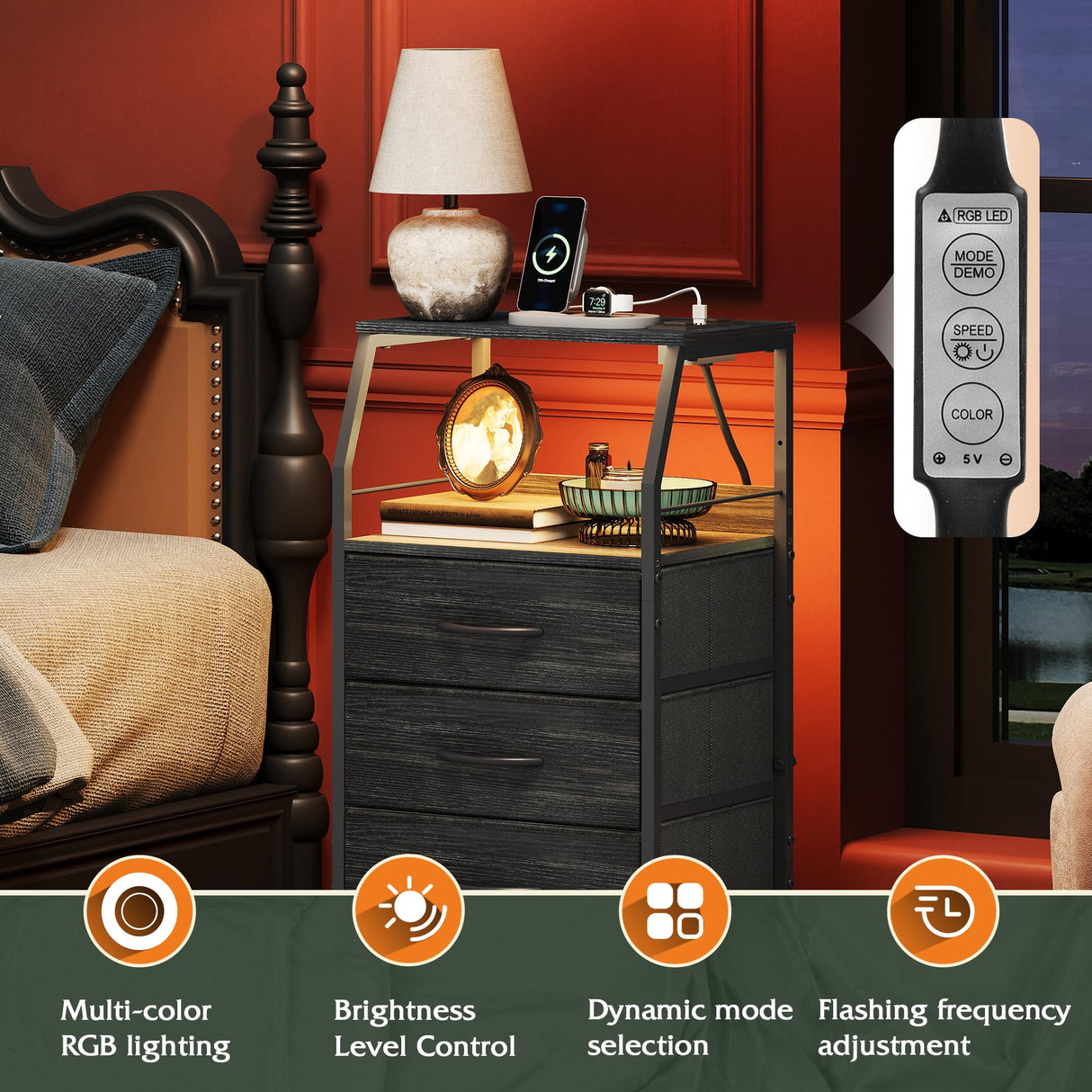 WLIVE Night Stand with Charger Station, Tall 4 Drawer Dresser for Bedroom, Black Nightstand with LED Light, Bed Side Table for Living Room with Shelf, Fabric Storage Bins, Metal Frame, Wood Furniture WLIVE