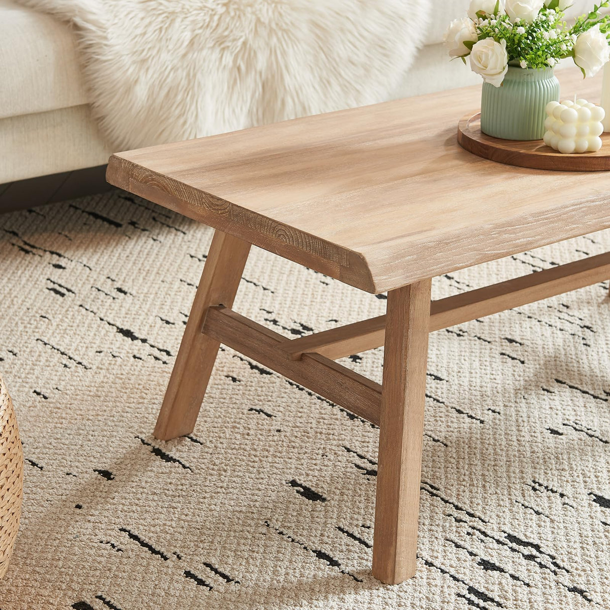 Wnutrees 43" Farmhouse Solid Wood Coffee Table, Rustic Rectangular Center Table for Living Room, Natural Wnutrees