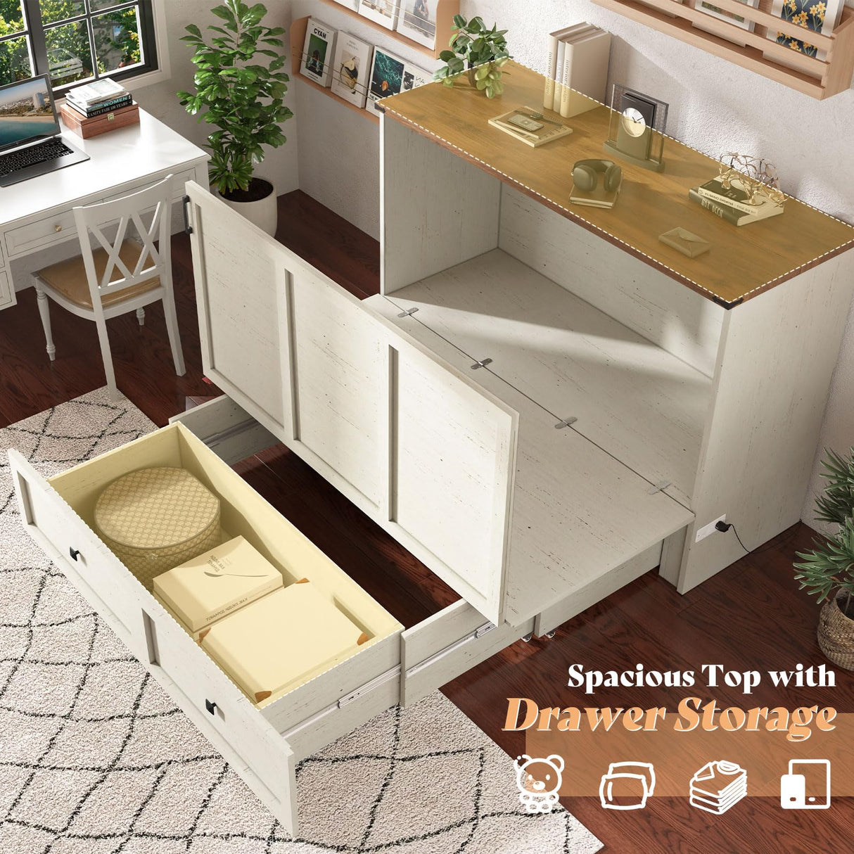 AMERLIFE Queen Murphy Bed with Storage & Charging Station, Farmhouse Murphy Cabinet with Foldable Panel, Noisy Free, for Guest Bedroom, Living Room, Office, Distressed White & Barnwood AMERLIFE