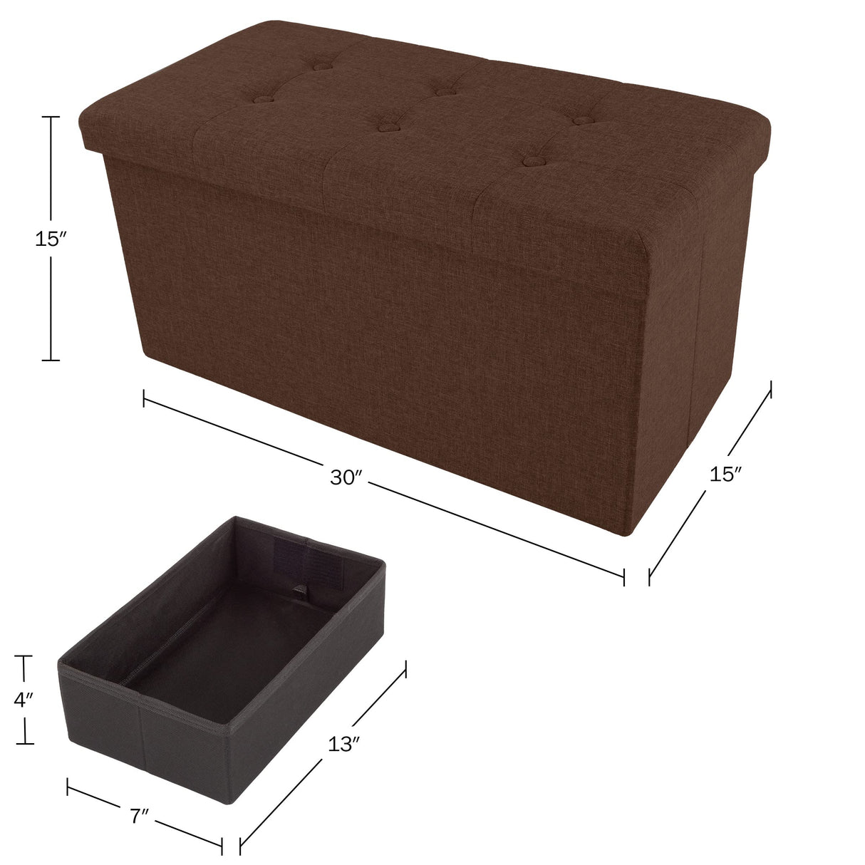 Folding Storage Ottoman - 30-Inch Tufted Footrest, Linen Chest, or Bench with Removable Bin for Living Room, Bedroom, or Dorm by Lavish Home (Brown) Lavish Home