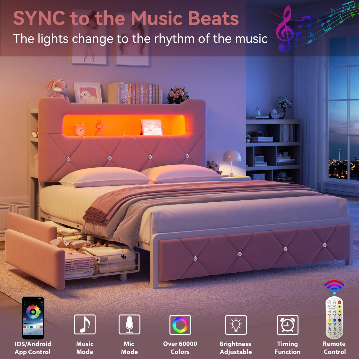 Queen Upholstered LED Bed Frame with 2 Storage Drawers and 2-Tier Storage Headboard,Velvet Princess Platform Bed with Charging Station & Bookcase, Corner Bed Frame, Heavy Duty Metal Support, Pink Jocoevol