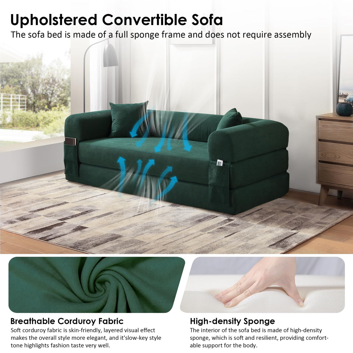 80" Convertible Sofa Bed, 3-in-1 Corduroy Folding Pull Out Couch with Pillows, No Assembly Modern Boneless Couch Compression Sofa in Box, Floor Sofa with Side Storage Pocket for Living Room,Dark Green Zyerch