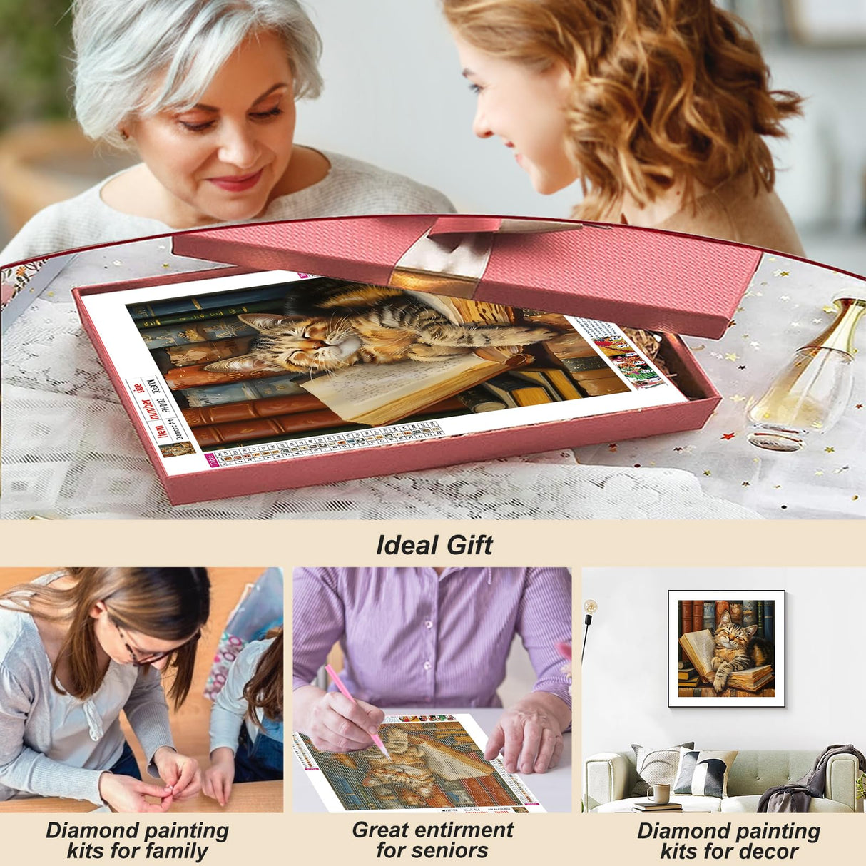 FHBUBPUP Cat Diamond Painting Kits for Adults, Sleepy Kitten Diamond Art Kits for Beginners, 5D DIY Full Drill Round Diamond Point Gem Art, Craft Gift Suitable for Home Wall Decoration 12×12Inch FHBUBPUP