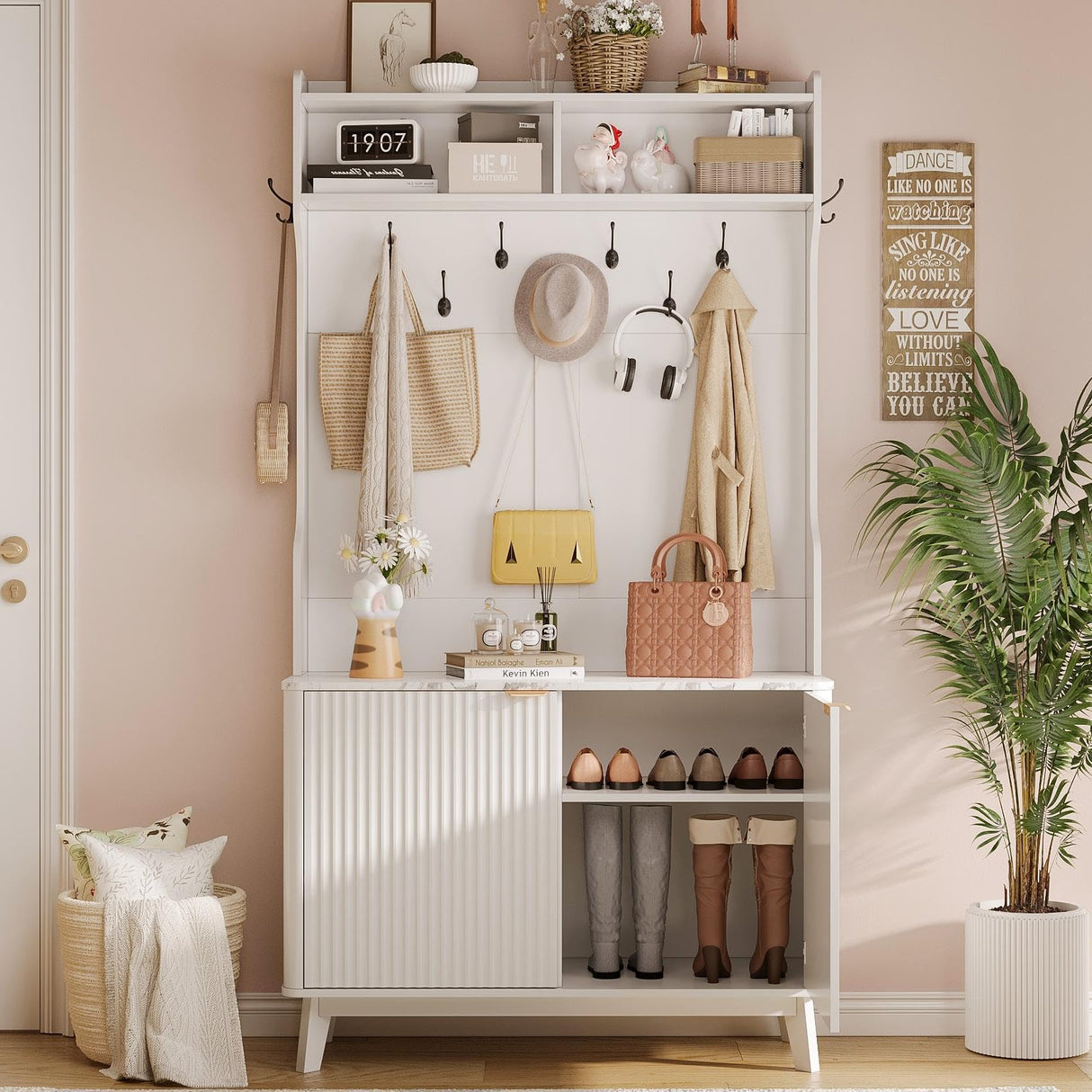 Maupvit 77" White Entryway Hall Tree, 4-in-1 Wood Coat Rack with 9 Hanging Hooks & Storage Bench, Shoe and Coat Rack, 18 Shoe Cubbies Home Organizer for Hallway Front Door Entrance Maupvit