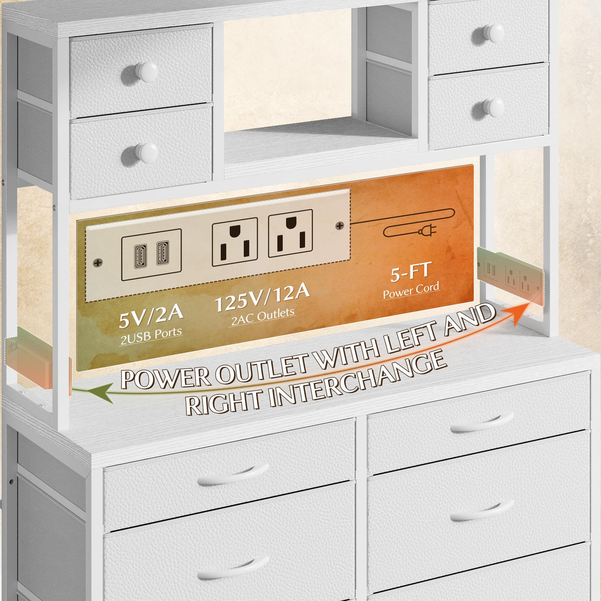 62.8" H Dresser for Bedroom with 14 Fabric Drawers,White Dresser with Charging Station and LED Lights,Dressers & Chests of Drawers for Bedroom, Steel Frame & Wooden Top, Entryway EnHomee