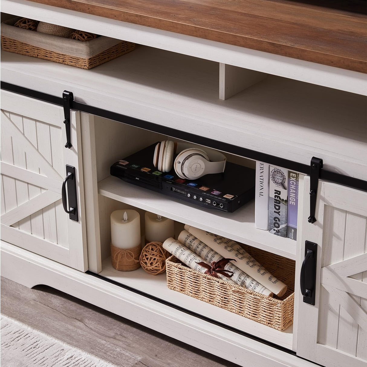 OKD Farmhouse TV Stand for 65+ Inch TV, 33" Tall Highboy Entertainment Center w/Sliding Barn Door, Rustic Media Console w/Storage Shelves, Wood Television Stand for Living Room, Antique White OKD