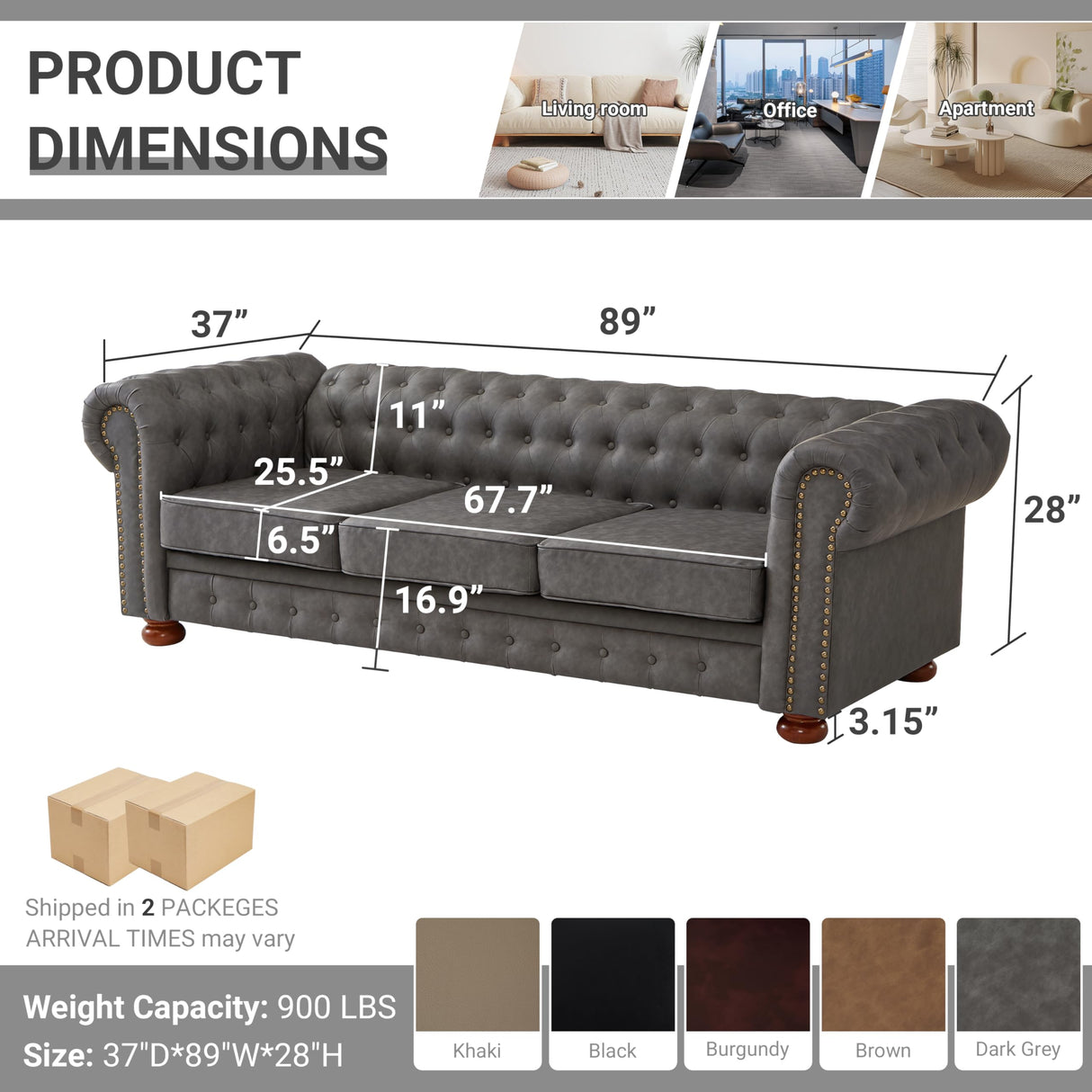 N NOORDENIYA Chesterfield Leather Sofa, 89" Mid Century Modern Couch with Low Back, Roll Arm Nailhead Trim Classic 3 Seater Couch for Living Room, Office, Apartment, Faux Leather Dark Grey N NOORDENIYA
