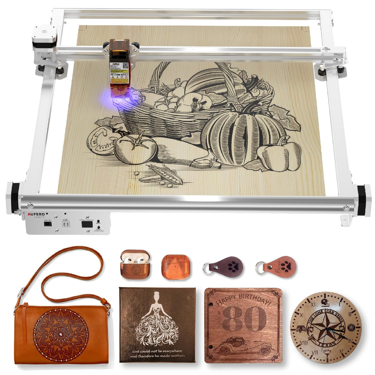 Aufero Laser Engraver, 2 W Diode Laser Engraver Machine, Laser Engraving Machine for Wood/Leather, 15.7x15.7inch Engraving Area, Beginner-Friendly Laser Wood Engraver 2100mW Aufero