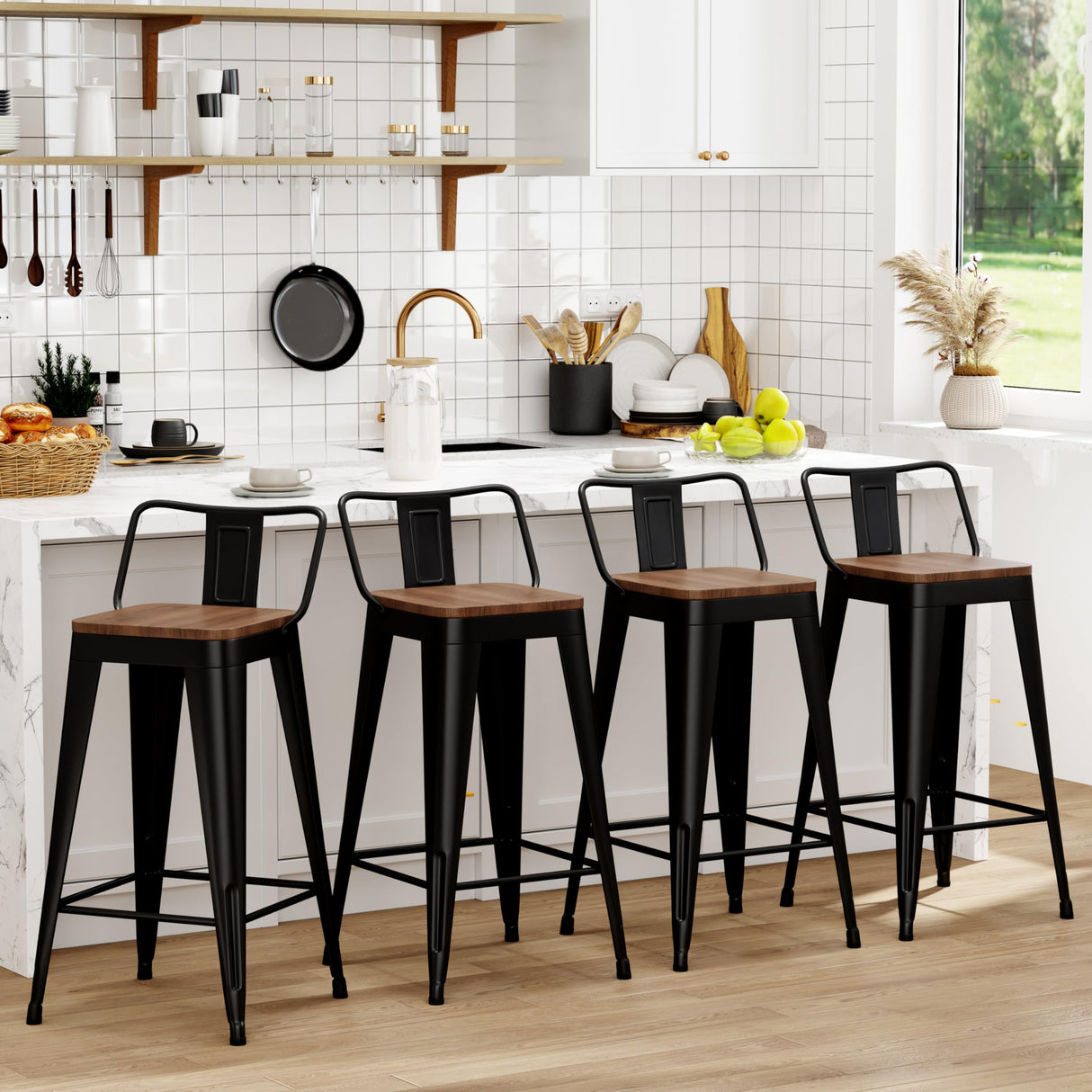WENTMENT Metal Bar Stools Set of 4 Counter Height Bar Stools Barstools with Removable Back 24" Kitchen Bar Stools with Wooden Seat, Black WENTMENT