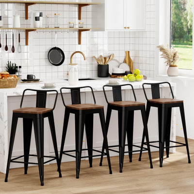 WENTMENT Metal Bar Stools Set of 4 Counter Height Bar Stools Barstools with Removable Back 24" Kitchen Bar Stools with Wooden Seat, Black