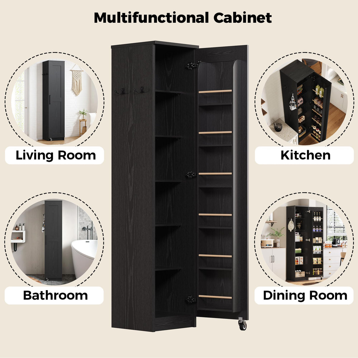 IRONCK Narrow Kitchen Pantry Storage Cabinet, 72" Slim Single Door with 6 Adjustable Shelves, Door Rack and Wheels, Space Saving Freestanding Storage Floor Cabinet for Small Place, Black IRONCK